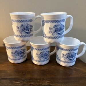 Arcopal France Blue Rose Mugs Set of 5 Vintage White Milk Glass Coffee Cups